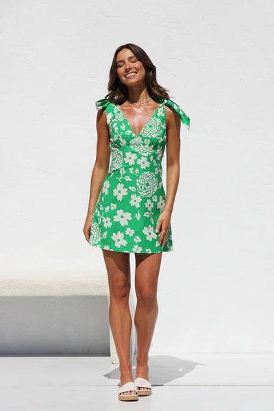 Green Floral Sleeveless Mini Dress