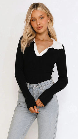 Black Contrast Collar Knit Sweater
