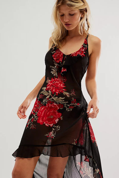 Black Floral Backless Midi Dress
