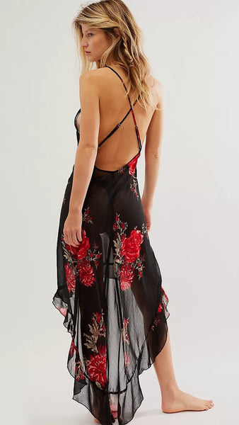 Black Floral Backless Midi Dress