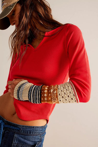 Red Tribal Cuff Long Sleeves Top
