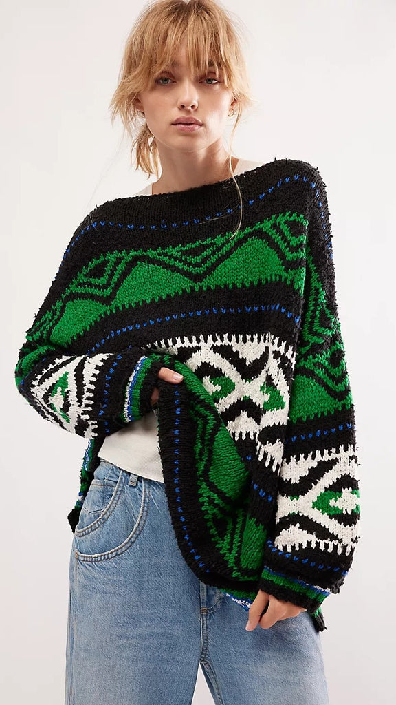 Green Geo Print Knit Sweater