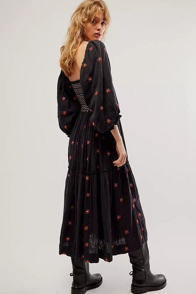 Black Embroidery Floral Midi Dress
