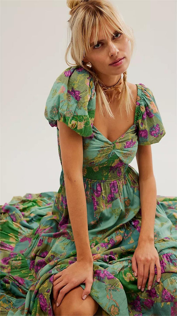 Retro Green Floral Maxi Dress