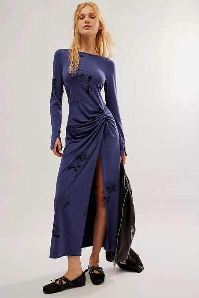 Navy Blue Long Sleeves Midi Dress