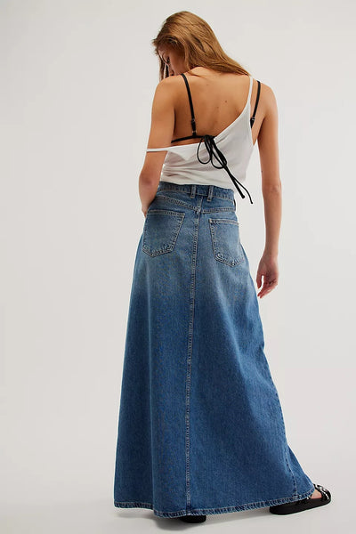 Blue Denim High Slit Maxi Skirt