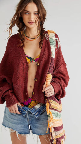 Burgundy Open Front Knit Sweater