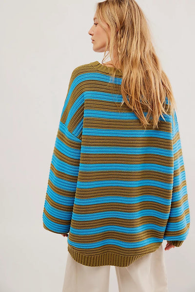 Blue Striped Ribbed Knit Sweater