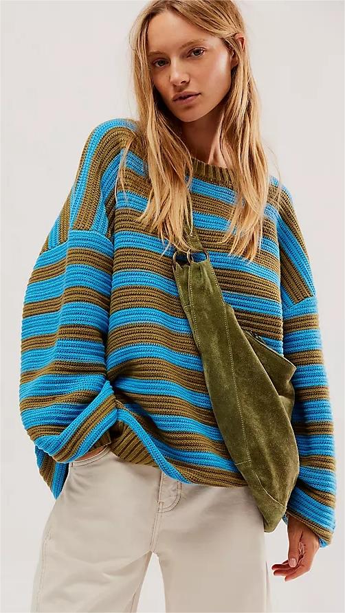 Blue Striped Ribbed Knit Sweater