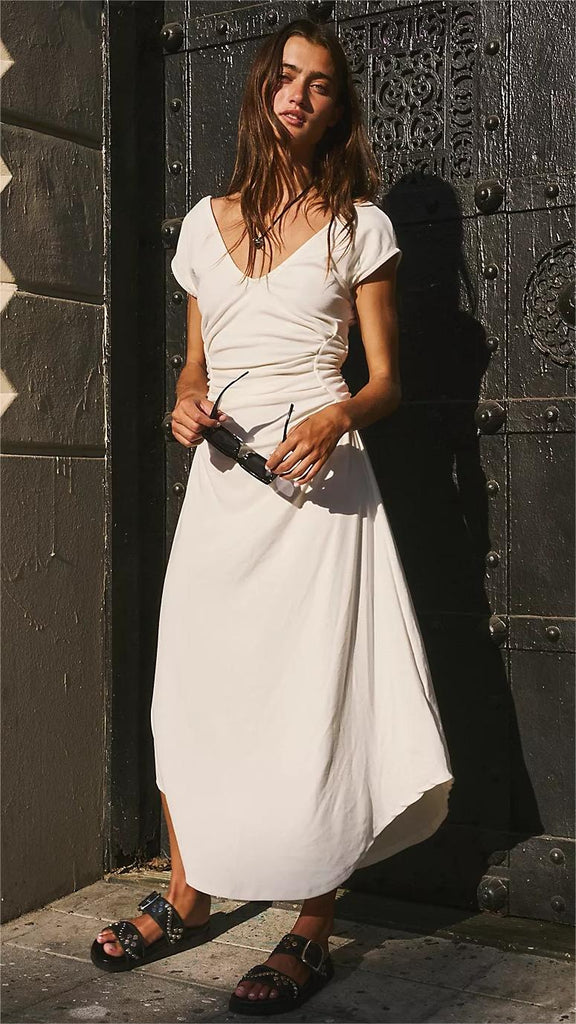 White Ruched Midi Dress