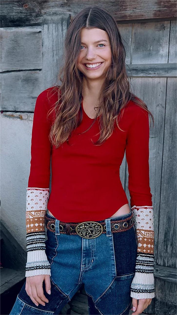 Red Tribal Cuff Long Sleeves Top