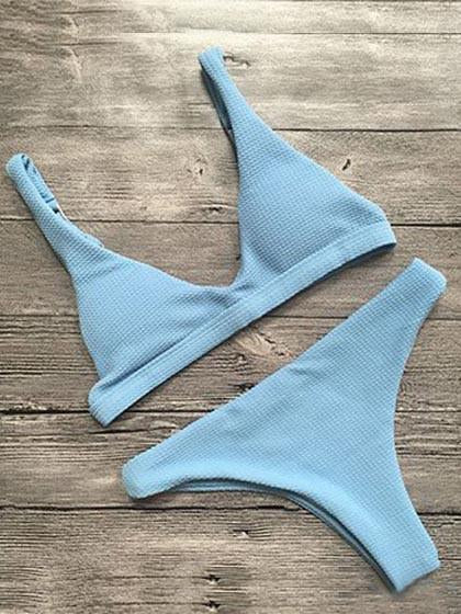 Stripy Blue Seaside Cute Solid Color Bikini Set