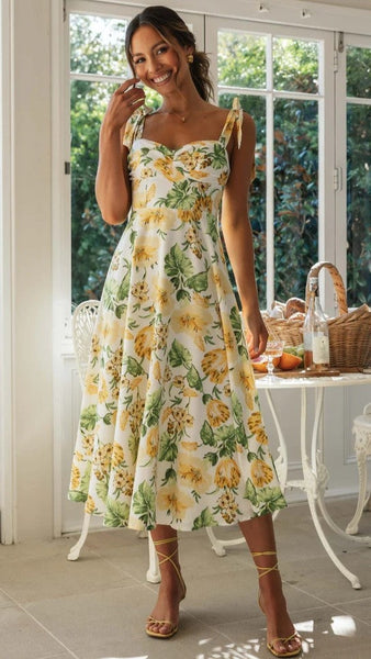 Lemon Floral Shoulder Tie Midi Dress