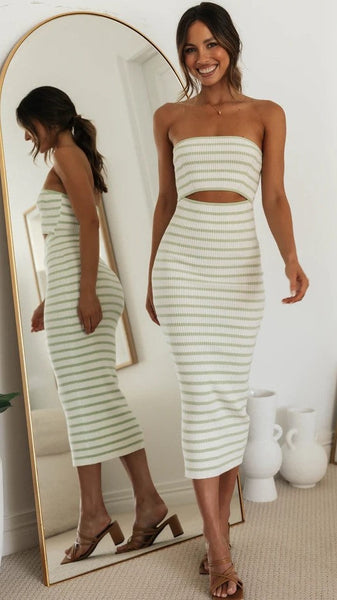 Green Striped Bandeau Knit Midi Dress
