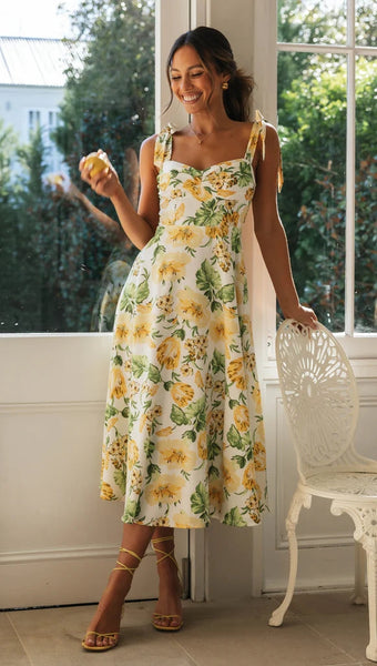 Lemon Floral Shoulder Tie Midi Dress