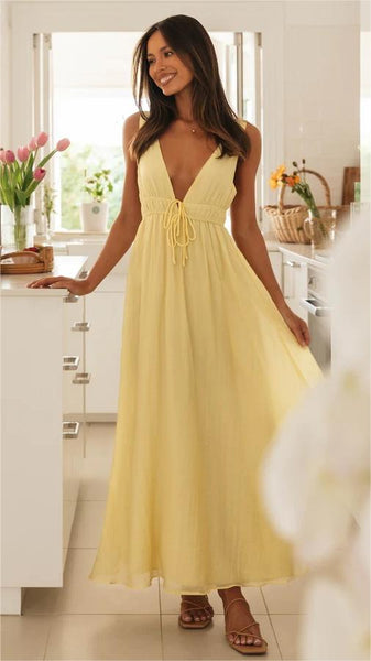 Yellow Solid Sleeveless Midi Dress