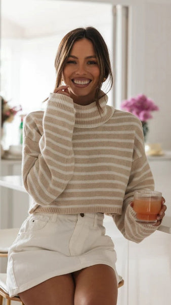 Khaki Striped Knit Crop Sweater