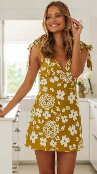 Mustard Floral Sleeveless Mini Dress