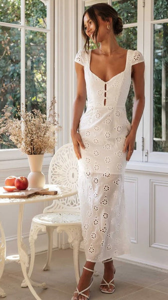 White Crochet Lace Midi Dress