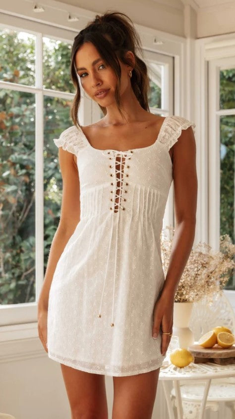 White Front Lace Up Mini Dress