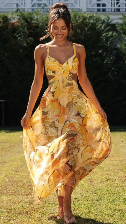 Orange Floral Sleeveless Midi Dress