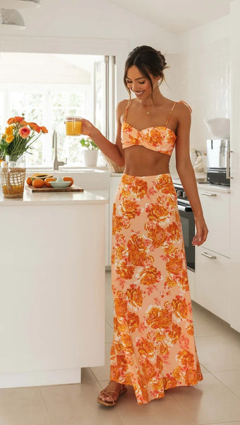Orange Rose Print Maxi Skirts