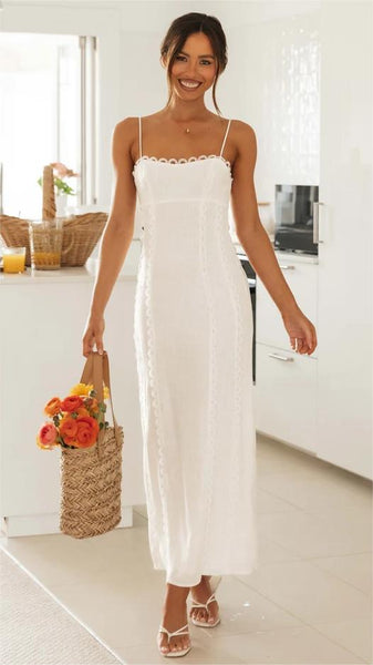 White Lace Trim Sleeveless Midi Dress