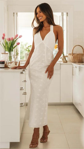 White Crochet Lace Halter Midi Dress