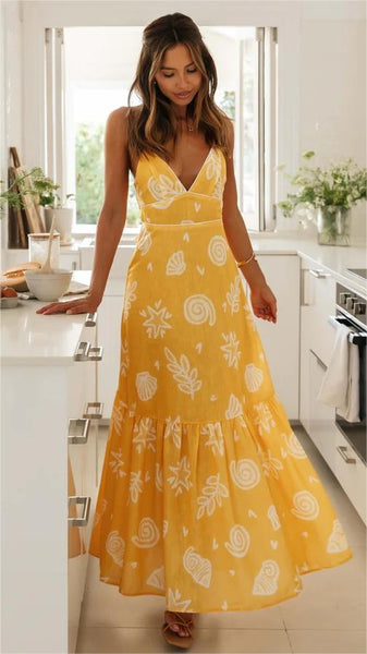 Yellow Floral V Neck Midi Dress