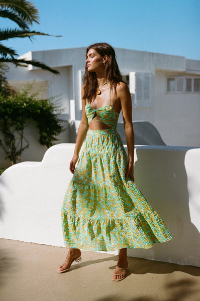 Green Floral Cutout Midi Dress