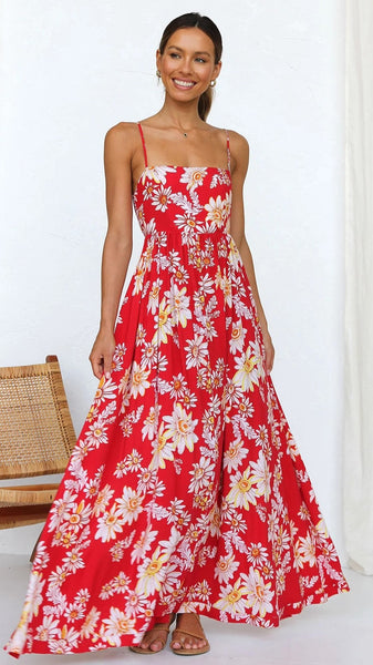 Red Floral Slip Midi Dress