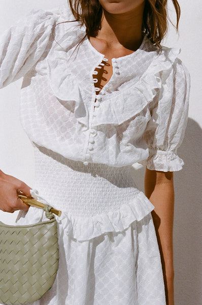 White Textured Ruffle Mini Dress