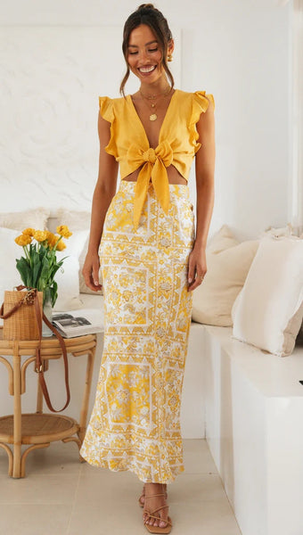 Yellow Floral Midi Skirts