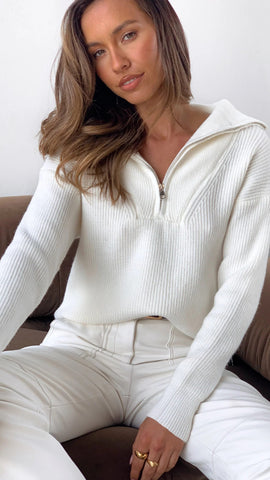 White Ribbed Knit Zipper Sweater