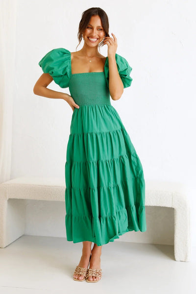 Green Square Neckline Tiered Midi Dress