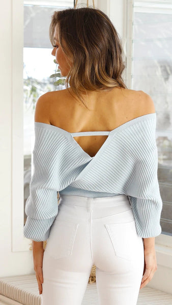 Light Blue Knit Crossover Crop Sweater