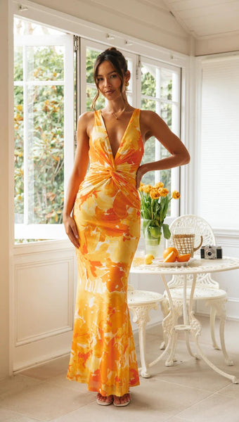 Orange Floral Bodycon Midi Dress
