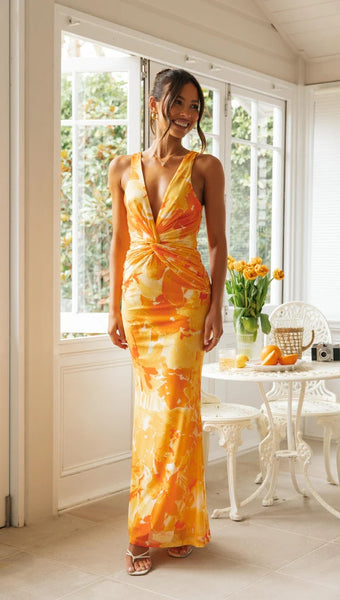 Orange Floral Bodycon Midi Dress