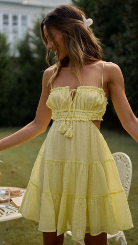 Yellow Front Tie Slip Mini Dress