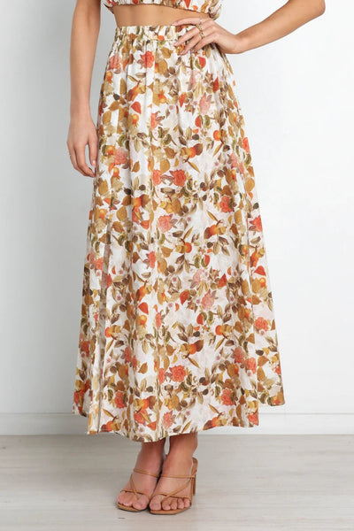 Orange Floral Side Slit Midi Skirts