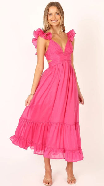 Hot Pink Ruffle Shoulder Midi Dress